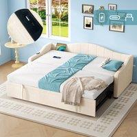 BTM Beige Velvet 3ft Daybed with Trundle & USB/Type-C Charging
