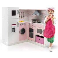 Costway Corner Kitchen Playset Pretend Wooden Play Kitchen Toy with Apron Chef Hat in Pink
