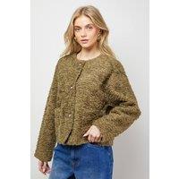 Oasis Women's Faux Fur Brown Short Coat in Olive | Size: Large