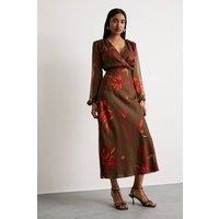 Warehouse Women's Printed Shoulder Pad V Neck Tie Detail Midi Dress in Brown | Size: 12