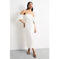 Warehouse Women's Structured Puff Sleeve Bardot Midi Dress in Ivory | Size: 14