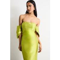 Warehouse Women's Structured Puff Sleeve Bardot Midi Dress in Chartreuse | Size: 12