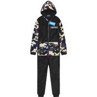 Fortnite Men's Onesie Fleece Jumpsuit All in One Hooded Camo Pyjama PJ in Black | Size: 14-15 Years
