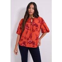 Dorothy Perkins Women's Petite Tie Detail Puff Sleeve Printed Top in Rust | Size: 6