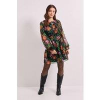 Dorothy Perkins Women's High Neck Keyhole Detail Printed Chiffon Mini Dress in Black | Size: 12