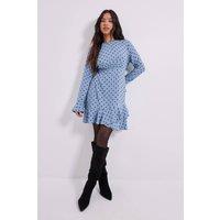 Dorothy Perkins Women's Petite Ruffle Sleeve Frill Detail Printed Mini Dresss in Blue | Size: 12