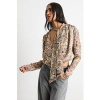 Warehouse Women's Burnout Chiffon Printed Extreme Shoulder Blouse in Brown | Size: 8