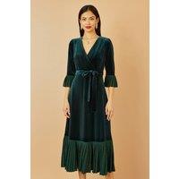 Yumi Women's Green Velvet Wrap Midi Dress With Contrast Hemline | Size: 16