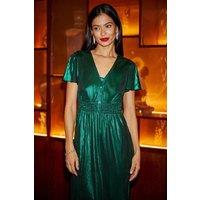 Yumi Women's Green Metallic Ruched Midi Dress | Size: 16