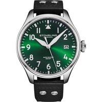 STHRLING Original Men's Airman 4078 43mm Quartz Pilot Watch - Sunray Dial, Riveted Leather in Green