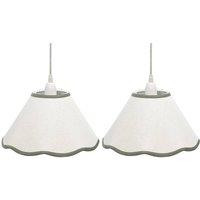 First Choice Lighting Set of 2 Libby - Natural Linen Sage Green Trim 27cm Pendant Lamp Shade in White