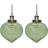 First Choice Lighting Set of 2 Layla - Green Glass Easy Fit Pendant Shades Brass Detail