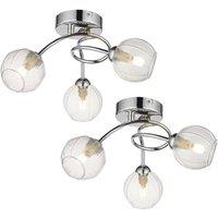 First Choice Lighting Set of 2 Tatton - Chrome with Ribbed Glass 3 Light Flush Ceiling Light in Silver