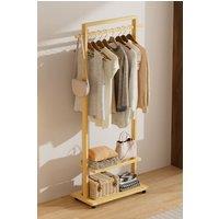 Living and Home Bamboo Rolling Clothes Coat Hanging Rod Garment Rack with 2-tier Shelves, Wheels in Natural
