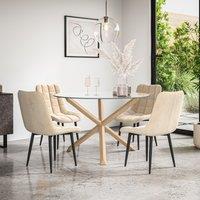 More4Homes Malvern Round Dining Table & Chairs - Clear Glass Table Top w Solid Oak Legs + Nova Velvet Dining Chair Set Of 4 in Beige