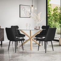More4Homes Malvern Round Dining Table & Chairs - Clear Glass Table Top w Solid Oak Legs + Nova Faux Leather Dining Chair Set Of 4 in Black