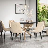 More4Homes Malvern Round Dining Table & Chairs - Black Table Top w Solid Oak Legs + Nova Velvet Dining Chair Set Of 6 in Beige