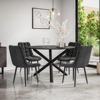 More4Homes Malvern Round Dining Table & Chairs - Black Table Top w Solid Oak Black Legs + Nova Velvet Dining Chair Set Of 4