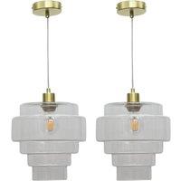 First Choice Lighting Set of 2 Benson - 5 Tier Glass & Satin Brass Ceiling Pendant Lights in Clear
