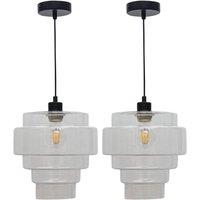 First Choice Lighting Set of 2 Benson - 5 Tier Clear Glass & Black Ceiling Pendant Lights