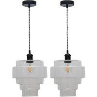 First Choice Lighting Set of 2 Benson - 5 Tier Glass & Black Ceiling Pendant Lights in Clear