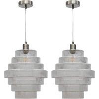 First Choice Lighting Set of 2 Benson - Tier Large Glass Satin Nickel Ceiling Pendant Light in Clear