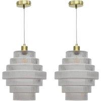 First Choice Lighting Set of 2 Benson - Tiered Large Glass Satin Brass Ceiling Pendant Light in Clear