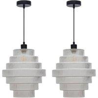 First Choice Lighting Set of 2 Benson - 7 Tier Large Glass & Black Ceiling Pendant Lights in Clear