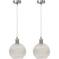 First Choice Lighting Set of 2 Betchley - Clear Ribbed Globe Chrome Retro Pendant Fittings