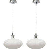 First Choice Lighting Set of 2 Baton - White Ribbed Oval Glass Chrome Retro Pendant Fittings