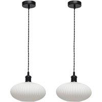 First Choice Lighting Set of 2 Baton - White Ribbed Oval Glass Black Retro Pendant Fittings