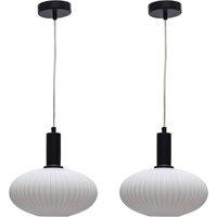 First Choice Lighting Set of 2 Baton - White Ribbed Oval Glass Black Deco Pendant Fittings