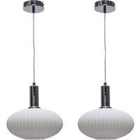 First Choice Lighting Set of 2 Baton - White Ribbed Oval Glass Chrome Deco Pendant Fittings