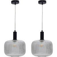 First Choice Lighting Set of 2 Batley Large - Clear Ribbed Glass Black Deco Pendant Fittings