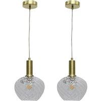 First Choice Lighting Set of 2 Bradson - Clear Swirl Glass Satin Brass Deco Pendant Fittings