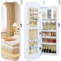 Gymax 6 LEDs Lockable Jewellery Cabinet With Full-Length Rounded Mirror in White