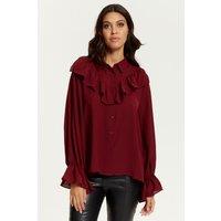 HOXTON GAL Women's Oversized Frilled Front Shirt with Detailed Cuffs in Red | Size: 12-14