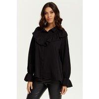 HOXTON GAL Women's Oversized Frill Detailed Long Sleeves Shirt in Black | Size: 16-18