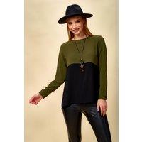 HOXTON GAL Women's Oversized Long Sleeves Crew Neck Colour Block Blouse in Khaki | Size: 12-14