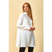 HOXTON GAL Women's Oversized Button Detailed Long Sleeves Tunic Top in White | Size: 8-10