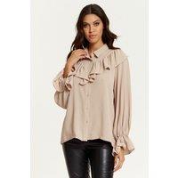 HOXTON GAL Women's Relaxed Fit Frilled Front Shirt Top in Beige | Size: 20-22