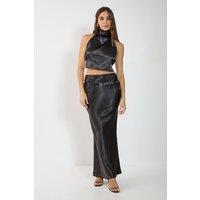 NastyGal Women's Satin Belted Bias Cut Maxi Skirt Co-ord in Black | Size: 10