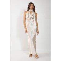 NastyGal Women's Satin Wrap High Neck Cowl Front Maxi Dress in Oyster | Size: 10