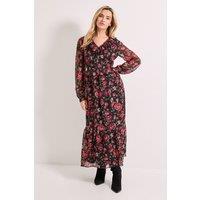 Dorothy Perkins Women's Petite Black Floral Pleat Bodice Ruffle Neck Blouson Sleeve Midaxi Dress | Size: 14