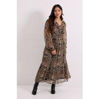Dorothy Perkins Women's Petite Leopard Pleat Bodice Ruffle Neck Blouson Sleeve Midaxi Dress | Size: 10