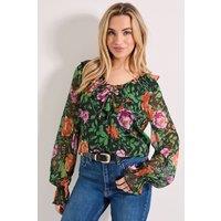 Dorothy Perkins Women's Ruffle Tie Front Long Sleeve Printed Chiffon Blouse in Floral | Size: 10