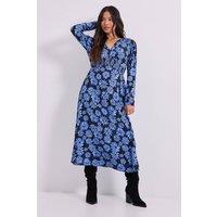 Dorothy Perkins Women's Petite Blue Daisy Shirred Waist Button Detail Midi Dress | Size: 12