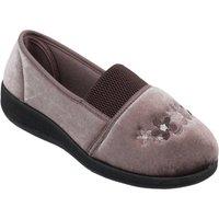 Amber Women's Embroidered Velour Wide EEE Fit Slippers with Elastic Gusset & Sturdy in Light Brown | Size: 8