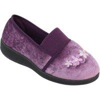 Amber Women's Embroidered Velour Wide EEE Fit Slippers with Elastic Gusset & Sturdy in Purple | Size: 6