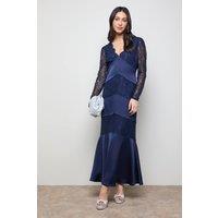 Oasis Women's Satin Lace Mix V Neck Maxi Dress in Navy | Size: 6